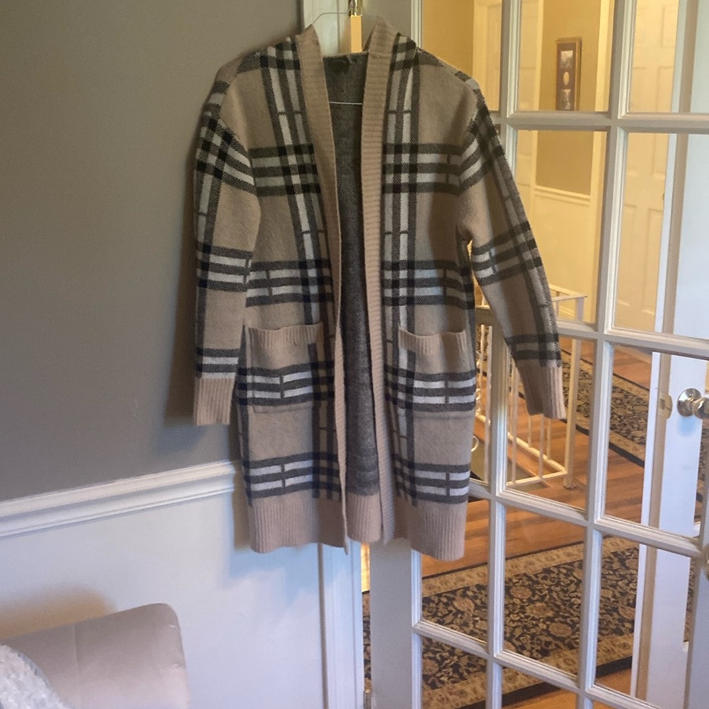 Cliche long check hooded cardigan size small